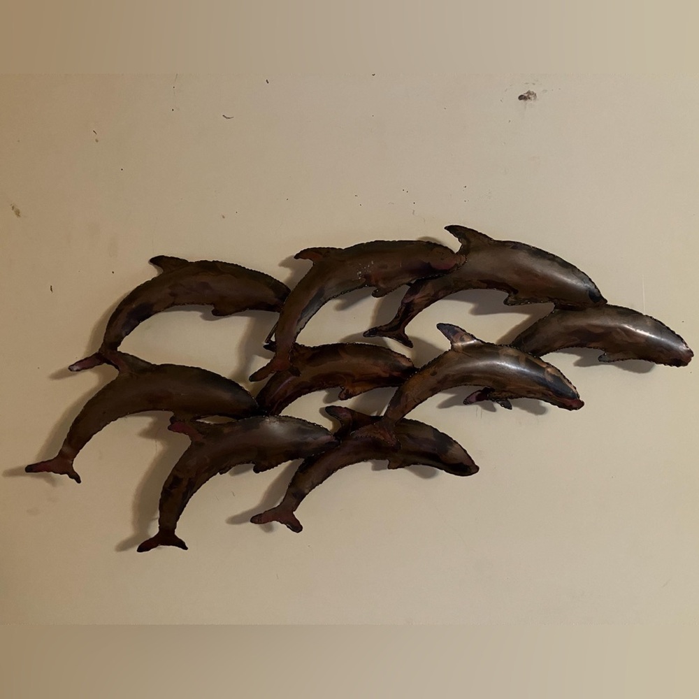 Bronzed Metal Dolphins in Wave Formation Wall Art